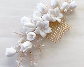 Bohemian bridal hair comb, Porcelain flower bridal hair comb with pearls and crystals