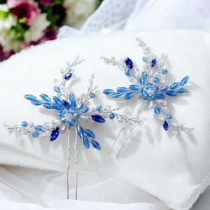 Blue crystal bridal hair pin set, set of two bridal and occasion hair pins
