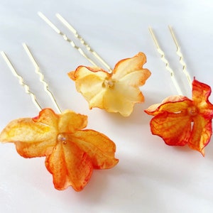 Orange flower hair pins, set of 3 orange and gold silk flower hair pins, nature inspired headpiece