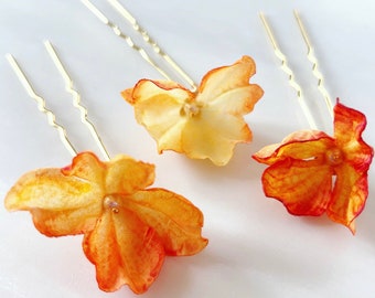 Orange flower hair pins, set of 3 orange and gold silk flower hair pins, nature inspired headpiece