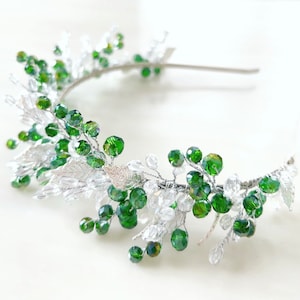 bohemian inspired bridal headpiece, green peridot crystal headband for wedding or special occasion