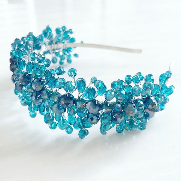 Vibrant blue crystal headband, blue bridal and occasion headpiece, turquoise headband