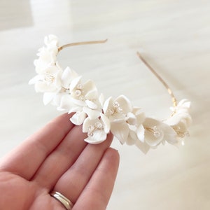 White bridal porcelain flower hair piece, white bridesmaid and flower girl headband image 8