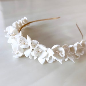 White bridal porcelain flower hair piece, white bridesmaid and flower girl headband image 6