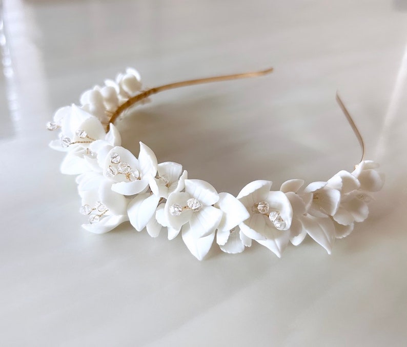 White bridal porcelain flower hair piece, white bridesmaid and flower girl headband image 6