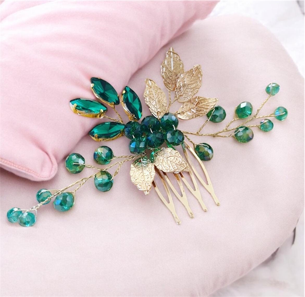 Emerald Green Crystal Hair Comb With Gold Leaves, Bridal 