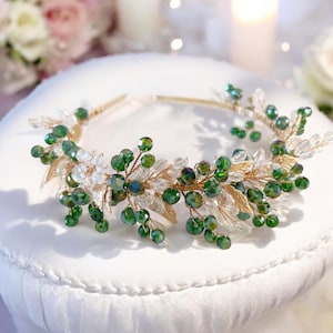 Green and gold headpiece, peridot green crystal headband for special occasion