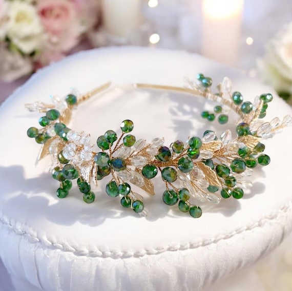 Green and Gold Bridal Headpiece, Peridot Green Crystal  display picture 3