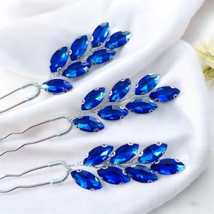 Royal blue crystal hair pins, set of 3 blue hair pins, blue headpiece