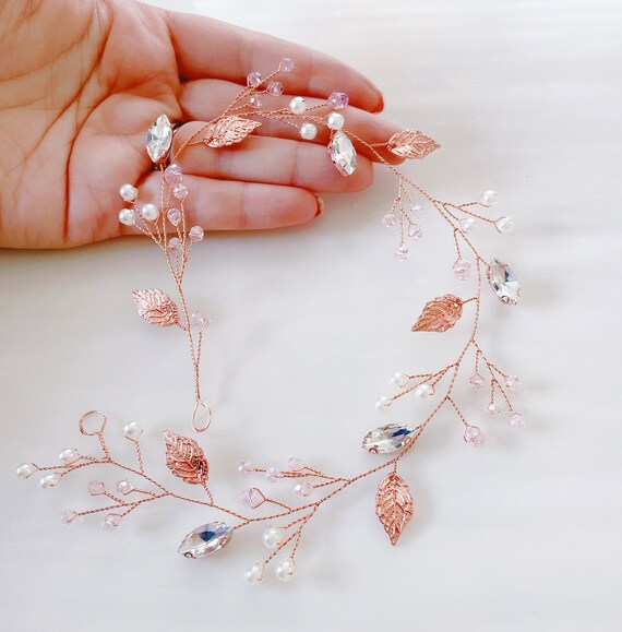 Rose Gold Bridal Hair Vine: Crystal Pearl Wedding Headpiece  display picture 2
