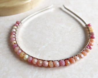 Delicate peach and pink crystal headband, thin headband