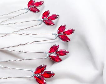Red Crystal Hair Pins, Bridal Headpiece, Set of 5