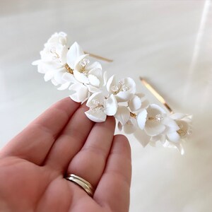 White bridal porcelain flower hair piece, white bridesmaid and flower girl headband image 5