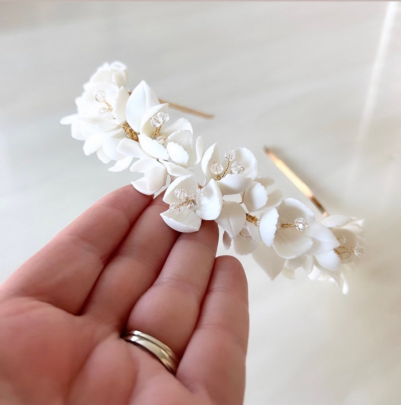 White bridal porcelain flower hair piece, white bridesmaid and flower girl headband image 5