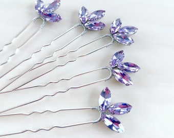 Lilac crystal hair pins, set of 5 hair pins, lilac hair accessory