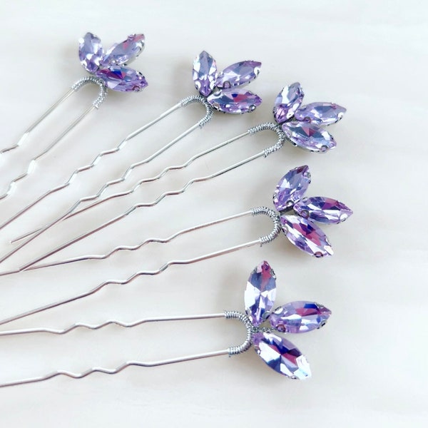 Lilac crystal hair pins, set of 5 hair pins, lilac hair accessory