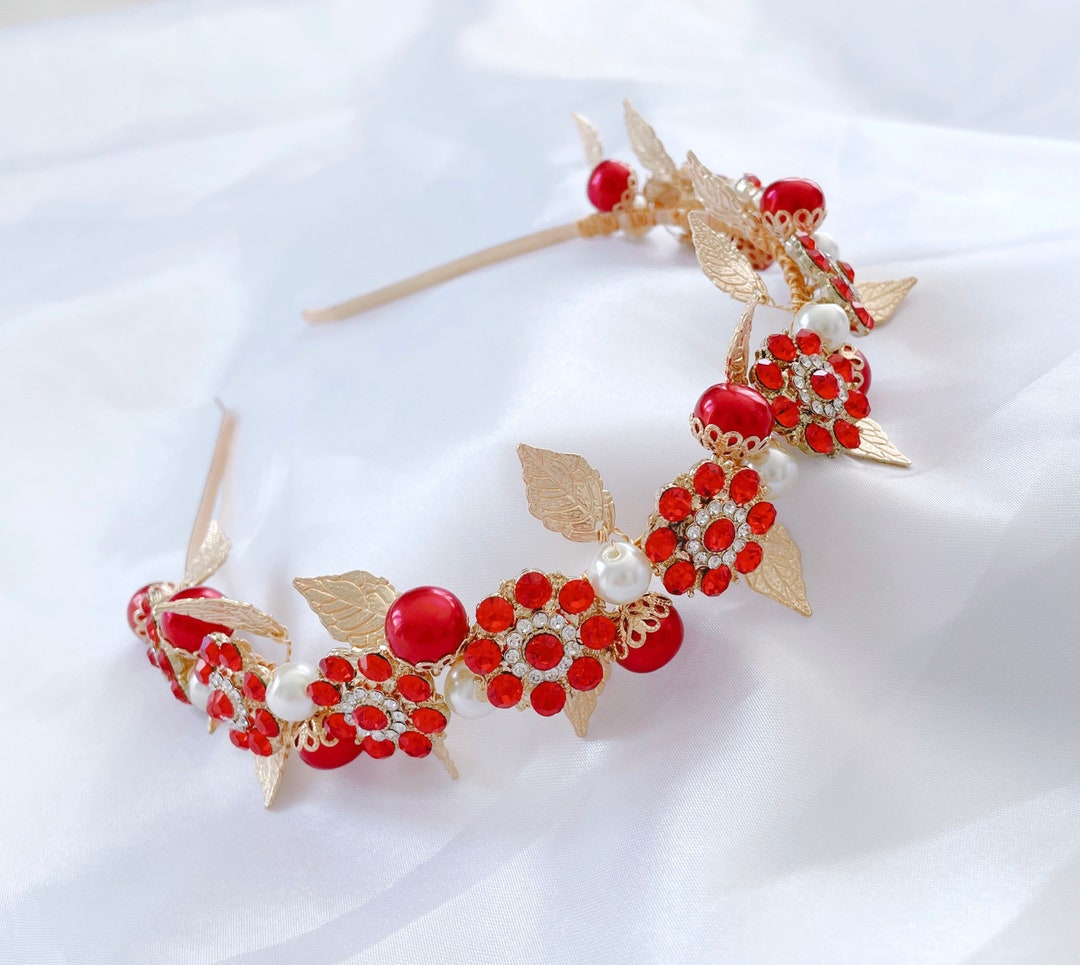 Red Crystal Bridal Headpiece, Gold Leaf Headband Etsy