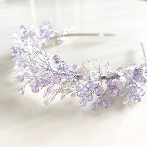 boho Bridal headpiece, lilac crystal headband, silver leaf tiara, lilac wedding fascinator