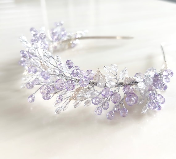 Boho Bridal Headpiece, Lilac Crystal Headband, Silver Leaf  display picture 1