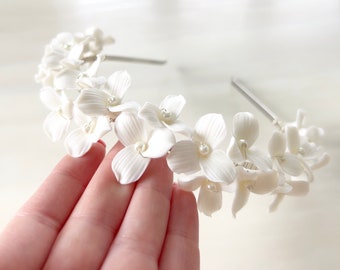 White Porcelain Flower Bridal Headband: Bohemian Wedding Headpiece