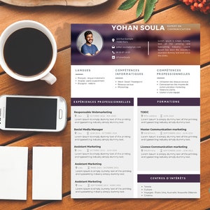 May include: A resume template with a purple and white color scheme. The resume is for a person named "Yohan Soula" who is an expert in communication. The resume lists their skills, work experience, and education. The resume also includes a photo of the person.
