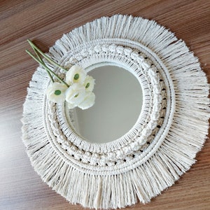 Colgante de pared de macramé, colgante de pared con espejo de macramé, decoración de pared bohemia, decoración de macramé