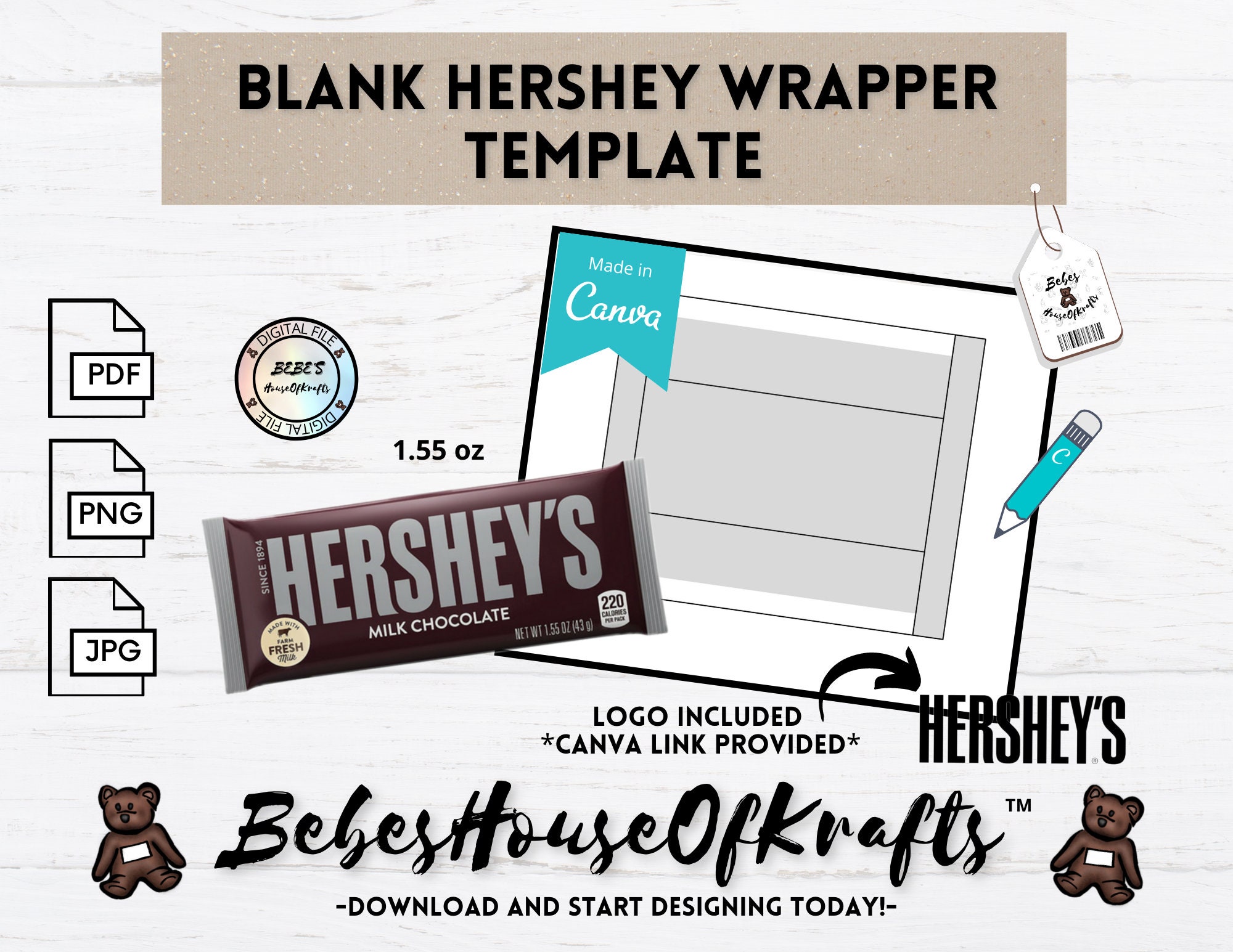 Blank Hershey Bar 1 55 Oz Wrapper Canva Link DIY Template Etsy Espa a