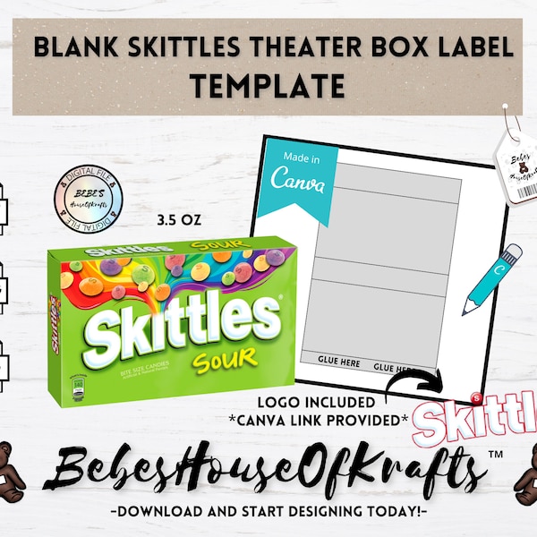 Blank Skittles Theater Box Label Template | Canva Link | DIY Label | Digital Download |