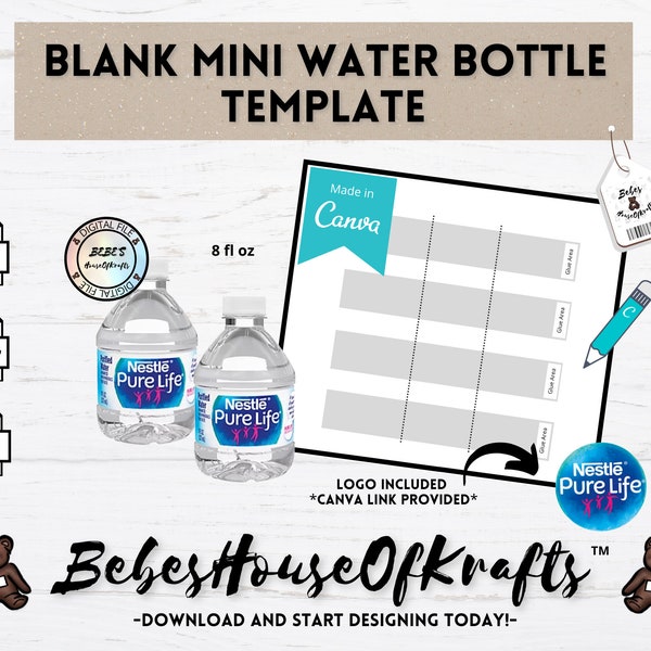 Blank Mini Water Bottle Label Template| Canva Link| DIY template| Digital Download