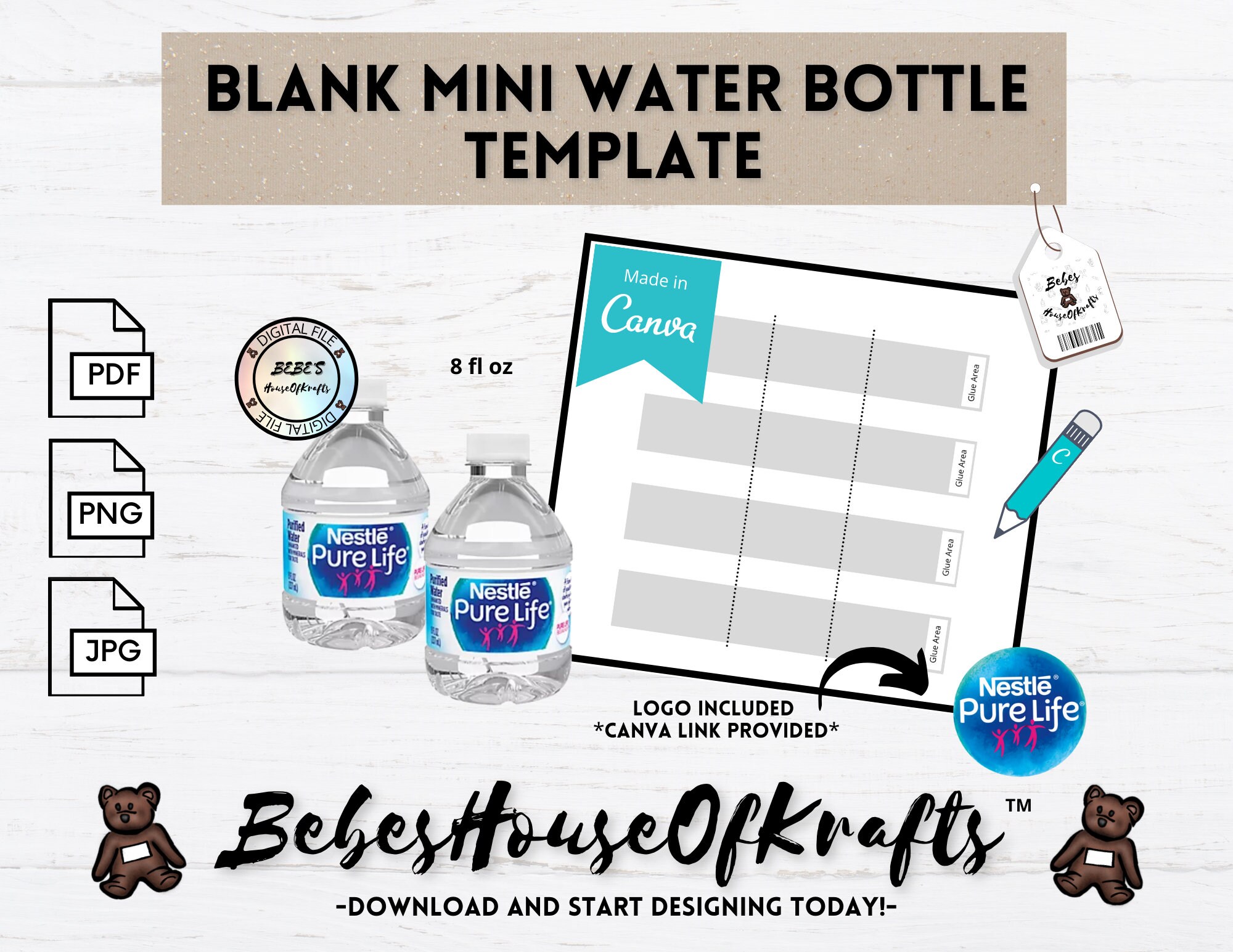 Blank Mini Water Bottle Label Template Canva Link DIY Etsy Finland