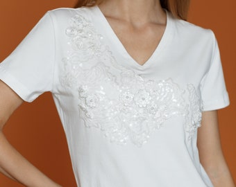Luxury Sustainable T-shirt sequin embroidery "the Essential" Collection Organic Cotton