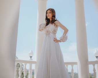 Lange Ärmel Hochzeit Braut Kleid Kleid Spitze Tüll Seide Federn Swarovski Perlen in Elfenbein und nackt Farbe