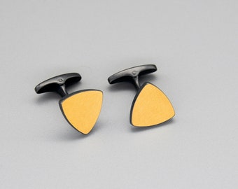 One on Another Triangle Keum-boo Cufflinks | 24K Gold Foil & Sterling Silver | Textured, Oxidised Finish