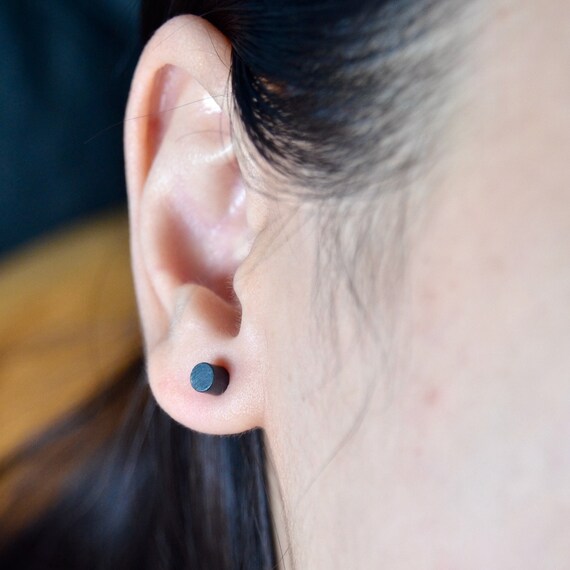 Exclusive Cylinder Stud Earrings Textured with Mirror Finished Top Black Oxidised Sterling Silver