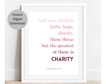 Printable Bible verse, 1 Corinthians 13 wall art, Faith hope charity print, Christian wall art, Christian prints, Scripture wall art