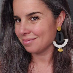 Art Deco Polymer Clay Earrings in Black, Greige and Gold