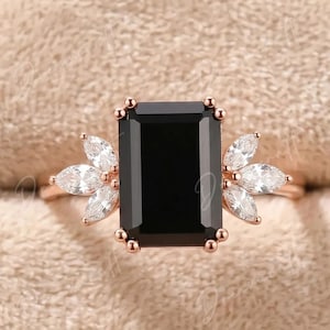 Schwarzer Onyx Verlobungsring 4 Karat Smaragdschliff Massiv 14K Gold Verlobungsring Cluster Ring Moissanit Brautring Versprechen Ring Jubiläumsgeschenk