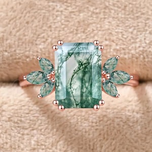 Moss Agate Engagement Ring 4ct Emerald Cut Solid 14K Gold Engagement Ring Cluster Ring Moissanite Bridal Ring Promise Ring Anniversary Gift