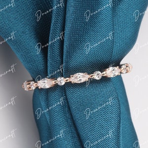 Moissanite Wedding Band 14K Rose Gold Wedding Band Vintage  Marquise Cut Stacking Matching Unique Full Eternity Bridal Promise ring Women