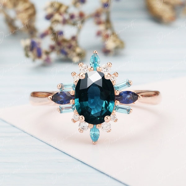 Blue green sapphire Engagement Ring Oval Vintage Art Deco Diamond Teal Sapphire Ring 14k Rose Gold Wedding Bridal Ring Anniversary gifts