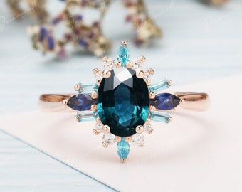 Blue green sapphire Engagement Ring Oval Vintage Art Deco Diamond Teal Sapphire Ring 14k Rose Gold Wedding Bridal Ring Anniversary gifts