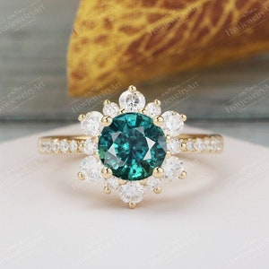 Teal sapphire engagement ring Unique Halo Engagement Ring Blue Green Sapphire Solid 14K Yellow Gold Diamond / Moissanite Wedding Bridal Ring
