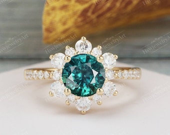 Teal sapphire engagement ring Unique Halo Engagement Ring Blue Green Sapphire Solid 14K Yellow Gold Diamond / Moissanite Wedding Bridal Ring