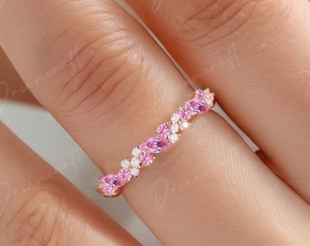 Pink Sapphire Diamond wedding ring rose gold wedding band  half eternity marquise moissanite matching stacking band Unique Anniversary gifts