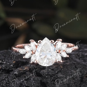 Pear Shape Moissanite Engagement Ring Yellow Gold Unique Marquise cut diamond Cluster engagement ring wedding Bridal Ring Anniversary gift