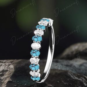 Vintage turquoise  wedding band white gold Oval cut moissanite matching band Stacking Delicate half eternity wedding band anniversary Women