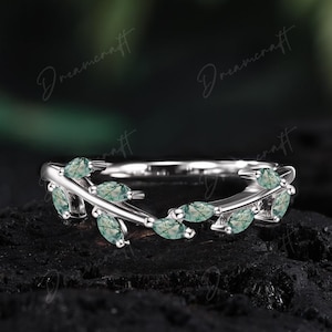 Alianza de boda de ágata musgosa de hoja, oro blanco, estilo vintage, corte redondo, ópalo curvado a juego, anillo de novia apilable de hoja, anillo de promesa de aniversario.