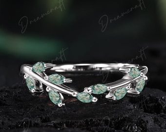 Leaf Moss agate wedding band white gold Vintage Round cut Opal curved matching band Leaf Stacking Bridal ring Promise Anniversary ring