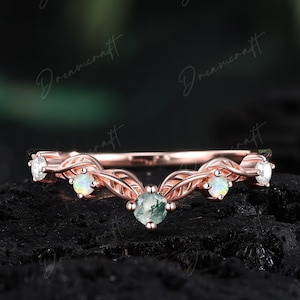 Alianza de boda vintage de ágata musgosa natural, oro rosa, hoja curva, moissanita a juego, apilable, anillo de aniversario único.