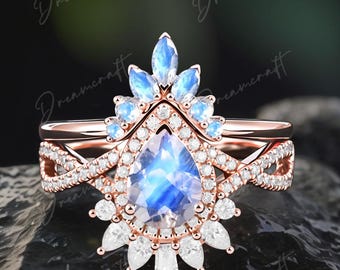 Bague de fiançailles avec pierre de lune taille poire Bague de mariage unique en or rose massif 14 carats vintage Bague de fiançailles mariage Moissanite Bague de promesse